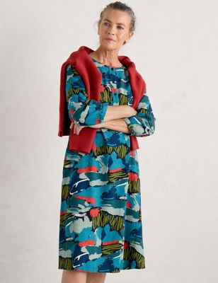 Seasalt Cornwall Women's Linen Rich Printed Knee Length Shift Dress - 8REG - Teal Mix, Teal Mix