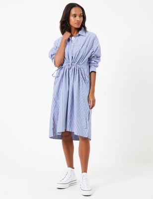 French Connection Women's Pure Cotton Striped Knee Length Shirt Dress - Blue Mix, Blue Mix