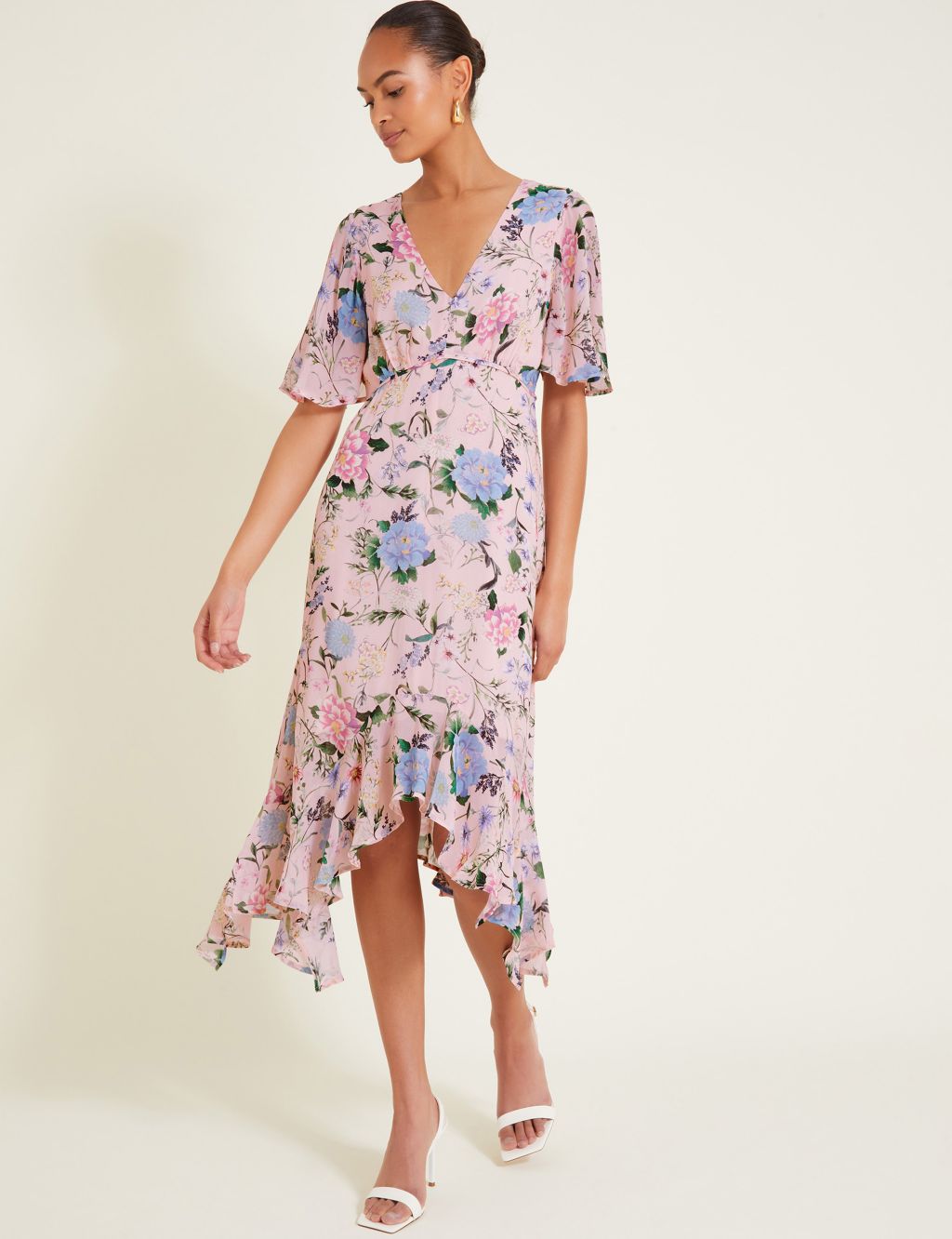 Floral V-Neck Ruffle Midi Waisted Dress