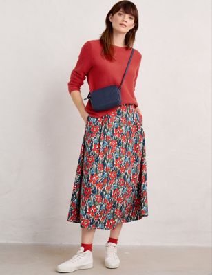 Seasalt Cornwall Womens Floral Midi A-Line Skirt With Linen - 16REG - Multi, Multi