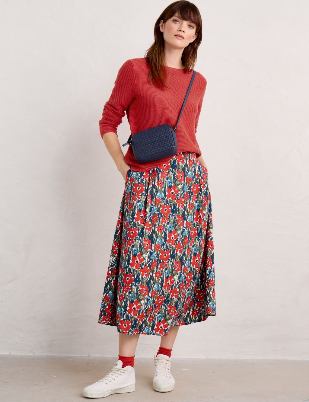 Floral Midi A-Line Skirt With Linen