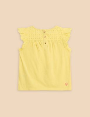 White Stuff Girl's Pure Cotton Embroidered Top (3-10 Yrs) - 3-4 Y - Yellow, Yellow
