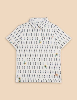 White Stuff Boy's Pure Cotton Surf Print Polo Shirt (3-10 Yrs) - 3-4 Y - White Mix, White Mix