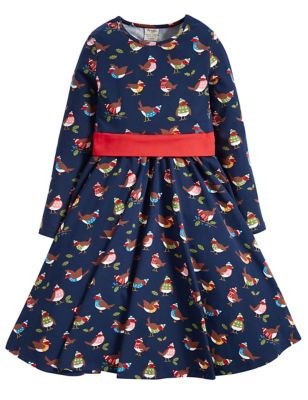 Frugi Girls Cotton Rich Robin Print Dress - 4-5 YREG - Navy, Navy