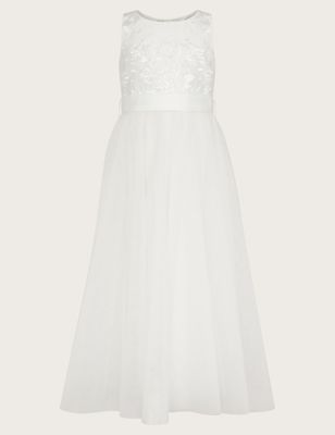 Monsoon Girls Embroidered Tulle Occasion Dress (3-13 Yrs) - 11y - Ivory, Ivory