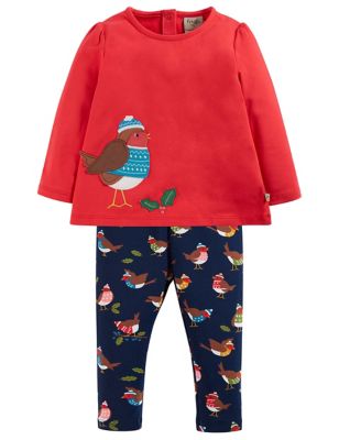 Frugi Girls 2pc Cotton Rich Robin Outfit (0-4 Yrs) - 3-6M - Red, Red