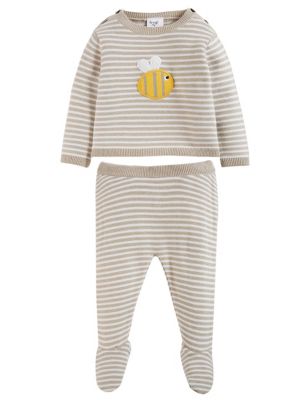 Frugi Girls 2pc Organic Cotton Striped Knitted Outfit (7lbs-4 Yrs) - NB - Oatmeal Mix, Oatmeal Mix