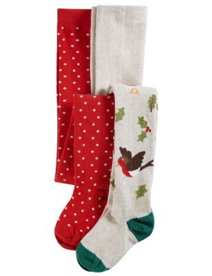 Frugi Girls 2pk Cotton Rich Christmas Tights (0-4 Yrs) - 6-12M - Red, Red