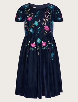 Monsoon Girl's Velvet Floral Embroidered Occasion Dress (3-15 Yrs) - 11y - Navy Mix, Navy Mix