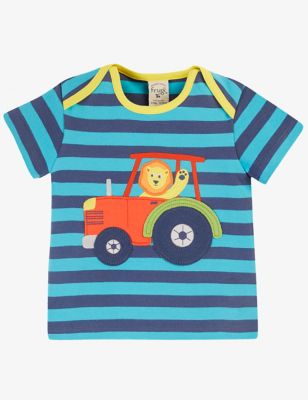 Frugi Boys Pure Cotton Striped Tractor T-Shirt (0-3 Yrs) - 3-4Y - Blue, Blue
