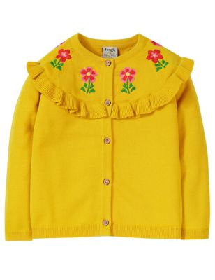 Frugi Girls Pure Cotton Floral Ruffle Cardigan (0 Mths - 5 Yrs) - 12-18 - Yellow, Yellow