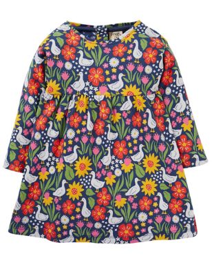 Frugi Girls Organic Cotton Floral & Ducks Dress (0-4 Yrs) - 3-6M - Navy, Navy