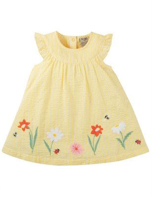 Frugi Girls Cotton Rich Striped Floral Dress (0-18 Mths) - 12-18 - Yellow, Yellow