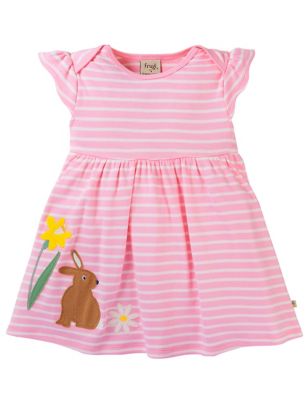 Frugi Girl's Organic Cotton Rabbit Striped Dress (0-5 Yrs) - 6-9M - Pink Mix, Pink Mix