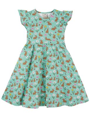 Frugi Girl's Cotton Rich Rabbit Print Dress (2-10 Yrs) - 2-3 Y - Green, Green