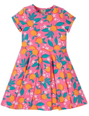 Frugi Girl's Cotton Rich Orange Print Dress (2-10 Yrs) - 8-9 Y - Pink Mix, Pink Mix