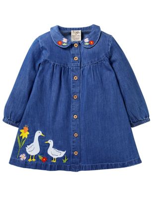Frugi Girl's Pure Cotton Embroidered Duck Dress (0-4 Yrs) - 3-4 Y - Blue, Blue