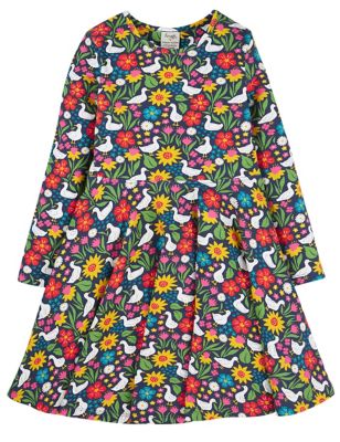 Frugi Girl's Cotton Rich Floral & Ducks Dress (2-10 Yrs) - 5-6 Y - Navy, Navy