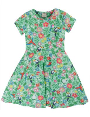 Frugi Girls Cotton Rich Tropical Bird Print Dress (2-10 Yrs) - 3-4 Y - Green, Green