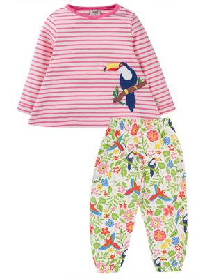 Frugi Girls 2pc Pure Cotton Striped Bird Outfit (0-24 Mths) - 6-9M - Pink, Pink