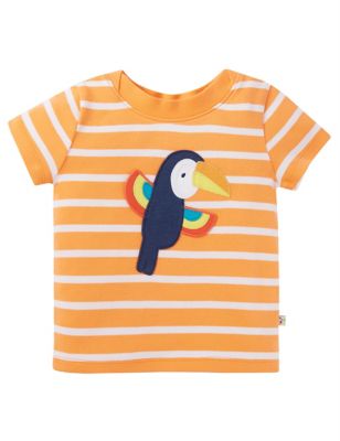 Frugi Boy's Pure Cotton Striped Bird T-Shirt (0-5 Yrs) - 4-5Y - Orange Mix, Orange Mix