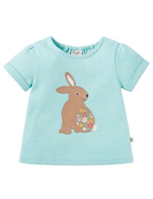 Frugi Girl's Pure Cotton Rabbit T-Shirt (0-4 Yrs) - 18-24 - Light Blue, Light Blue
