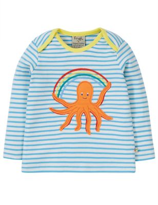 Frugi Boys Organic Cotton Octopus Applique Striped Top (0-4 Yrs) - 3-4 Y - Blue Mix, Blue Mix