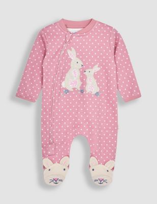 Jojo Maman Bebe Girls Pure Cotton Bunny Spot Zip Sleepsuit (7lbs-12 Mths) - 0-3 M - Light Pink, Ligh