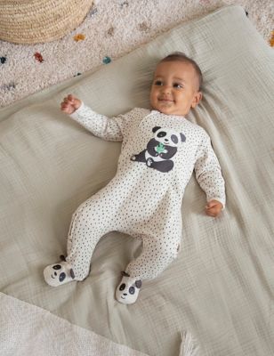 Jojo Maman Bebe Pure Cotton Panda Zip Sleepsuit (7lbs-12 Mths) - 6-9M - Natural Mix, Natural Mix
