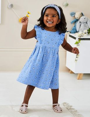 Jojo Maman Bb Girl's Pure Cotton Floral Dress & Hat Outfit (0 Mths-7 Yrs) - 3-6M - Blue Mix, Blue 