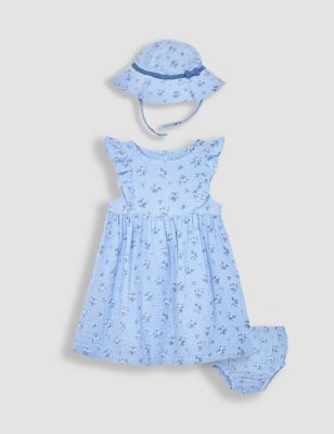Jojo Maman Bb Girls Pure Cotton Floral Dress & Hat Outfit (0 Mths-7 Yrs) - 3-6M - Blue Mix, Blue M