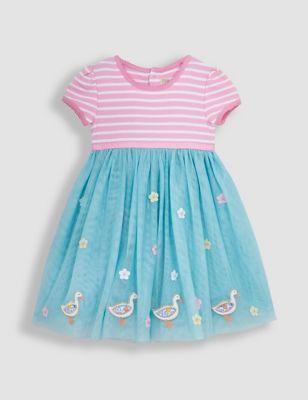 Jojo Maman Bb Girl's Tulle Striped Duck Dress (6 Mths-7 Yrs) - 6-12M - Teal Mix, Teal Mix