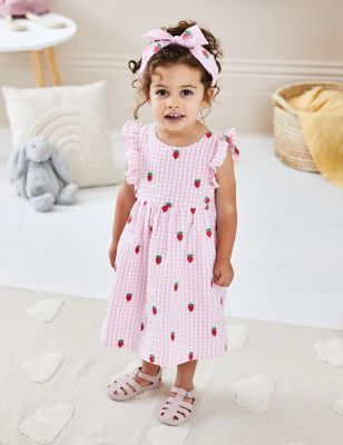 Jojo Maman Bebe Girls Pure Cotton Embroidered Gingham Dress (6 Mths-5 Yrs) - 6-12M - Light Pink Mix,