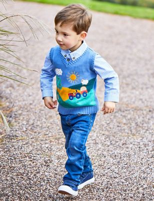 Jojo Maman Bb Boy's Pure Cotton Farm Knitted Vest (6 Mths-5 Yrs) - 6-12M - Blue Mix, Blue Mix