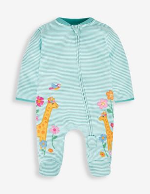 Jojo Maman Bebe Girls Pure Cotton Striped Giraffe Sleepsuit (7lbs-18 Mths) - 0-3 M - Blue, Blue