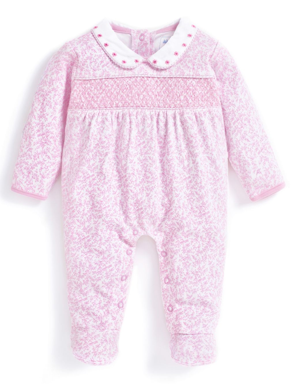 Pure Cotton Floral Smocked Sleepsuit (7lbs-18 Mths)