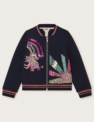 Monsoon Girl's Cotton Rich Sequin Unicorn Bomber (5-15 Yrs) - 5-6 Y - Navy Mix, Navy Mix