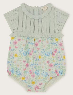 Monsoon Girl's Pure Cotton Ditsy Floral Romper (0-18 Mths) - 0-3 M - Green Mix, Green Mix