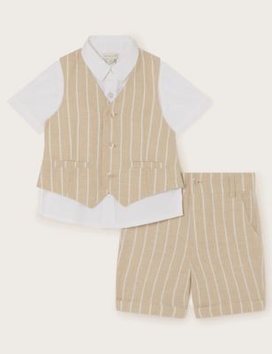 Monsoon Boy's 3pc Cotton Rich Striped Outfit (6 Mths - 11 Yrs) - 2-3Y - Beige Mix, Beige Mix