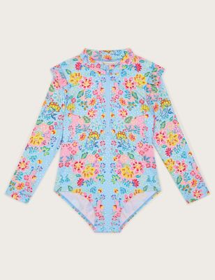 Monsoon Girls Floral Long Sleeve Swimsuit (3-13 Yrs) - 3-4 Y - Blue Mix, Blue Mix