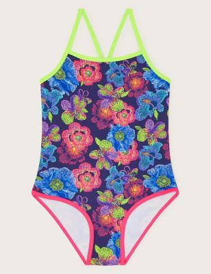 Monsoon Girls Floral Swimsuit (3-15 Yrs) - 11-12 - Navy Mix, Navy Mix