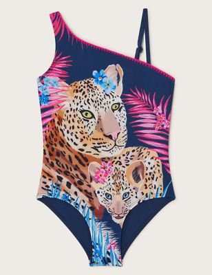 Monsoon Girl's Leopard One Shoulder Swimsuit (3-15 Yrs) - 11-12 - Navy Mix, Navy Mix