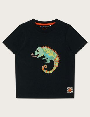 Monsoon Boy's Pure Cotton Gecko T-Shirt (3-13 Yrs) - 7-8 Y - Black Mix, Black Mix