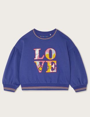Monsoon Girl's Pure Cotton Love Slogan Sweatshirt (7-13 Yrs) - 3-4 Y - Blue Mix, Blue Mix