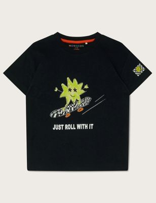 Monsoon Boy's Pure Cotton Star Print Embroidered T-Shirt (3-13 Yrs) - 12-13 - Black Mix, Black Mix