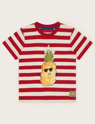 Monsoon Boy's Pure Cotton Striped Print T-Shirt (3-13 Yrs) - 3-4 Y - Red Mix, Red Mix