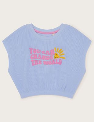 Monsoon Girls Pure Cotton You Can Change The World Slogan Top (3-13 yrs) - 3-4 Y - Blue Mix, Blue Mi