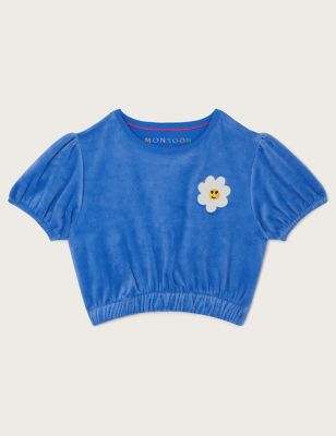 Monsoon Girl's Cotton Rich Velour Puff Sleeve Top (3-13 Yrs) - 3-4 Y - Blue Mix, Blue Mix