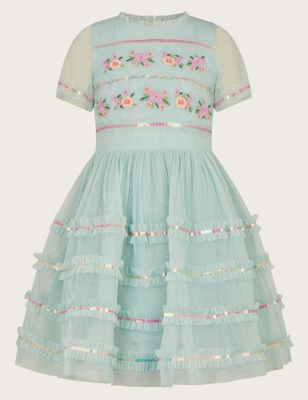 Monsoon Girls Embellished Tulle Dress (3-15 Yrs) - 4y - Green Mix, Green Mix