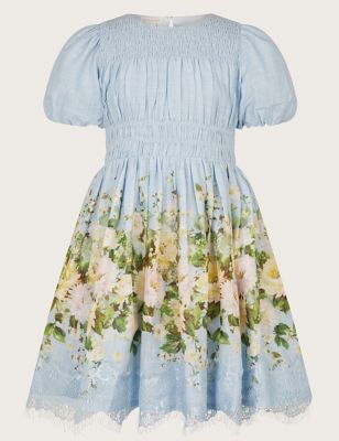 Monsoon Girl's Pure Cotton Floral Dress (3-15 Yrs) - 4y - Pale Blue, Pale Blue